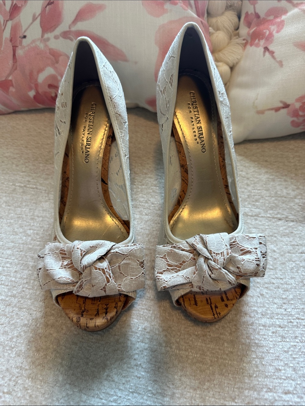 Christian Siriano Lace Peep-Toe Heels in Light Beige with Bow